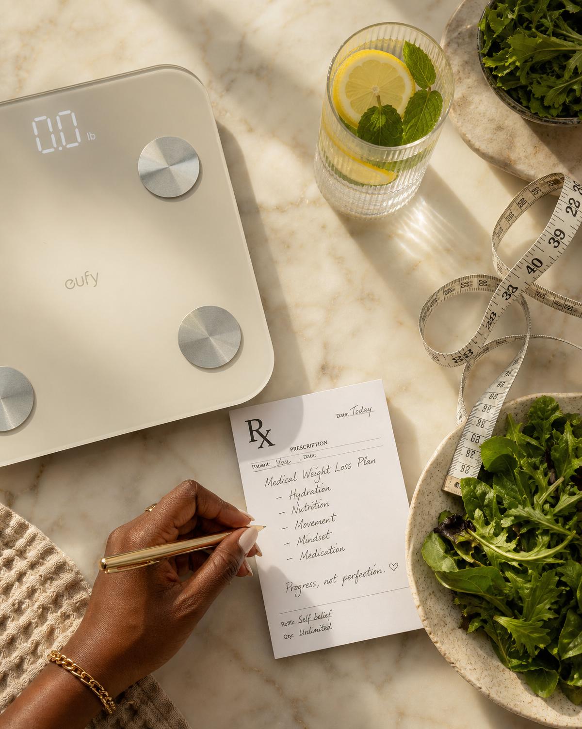Overhead flat lay of a medical weight loss plan with scale, measuring tape, greens, and a handwritten prescription