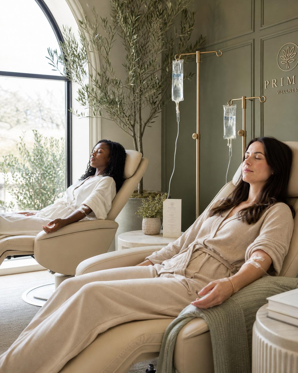 A Black woman and a white woman reclining in cream leather chairs receiving IV vitamin infusions in the Thryve Florida Health and Wellness infusion lounge