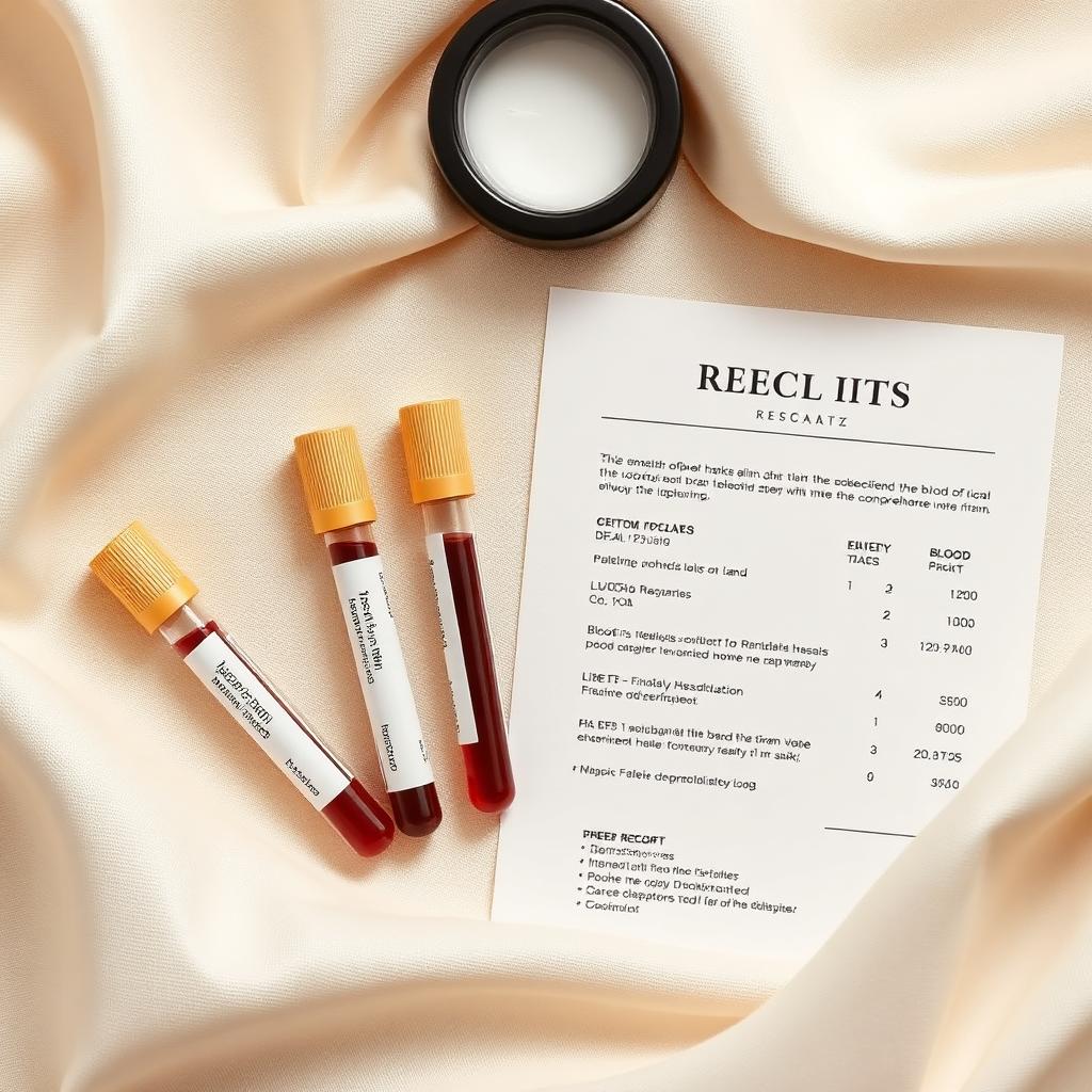 Blood collection tubes and a lab report on cream linen
