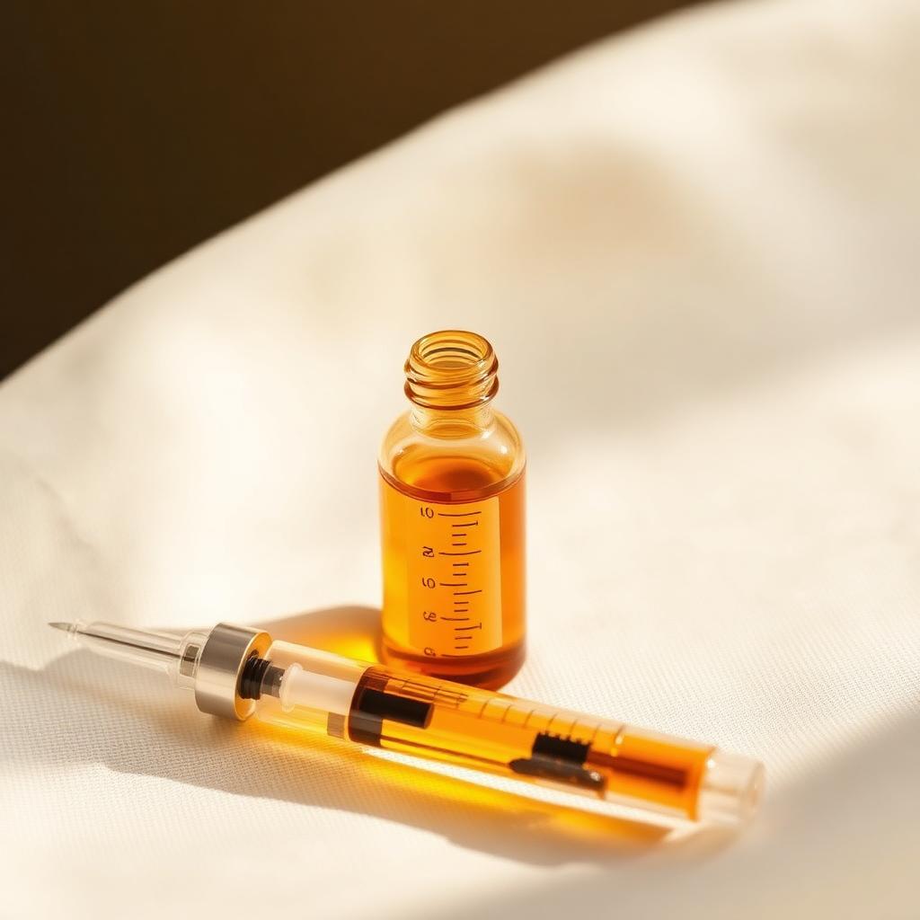 Amber peptide vial and syringe on cream linen